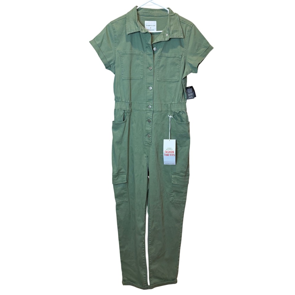 NWT Celebrity Pink Green Cotton Cargo Boiler Jumpsuit Women Medium Utility Chic
